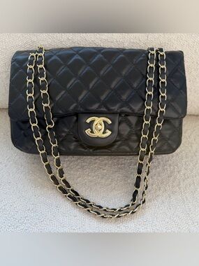 Black Quilted Shoulder Bag with Gold Chain & CC Lock